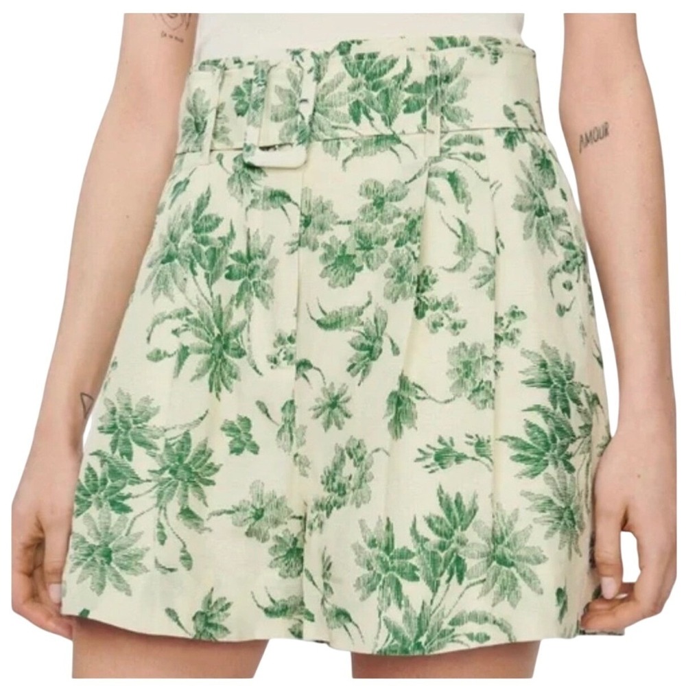 Sandro Leman Palm Tree Print Linen Blend Pleated Shorts 34 Belt Missing